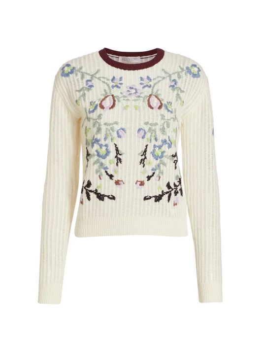 Valentino Floral-Embroidered Wool Pullover Sweater 3 Valentino Floral-Embroidered Wool Pullover Sweater