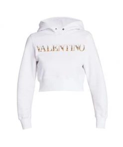 Valentino Cropped Sequin-Embroidered Logo Hoodie