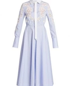 Valentino Striped Flared Lace-Insert Midi-Dress