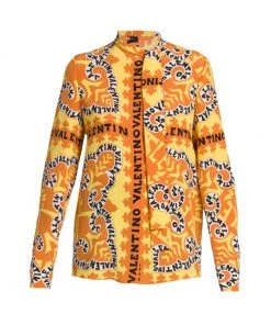 Valentino Tie-Neck & Logo-Print Blouse