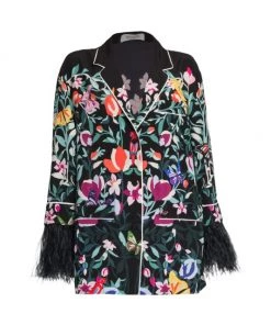 Valentino Feather-Trimmed Silk Pajama Blouse